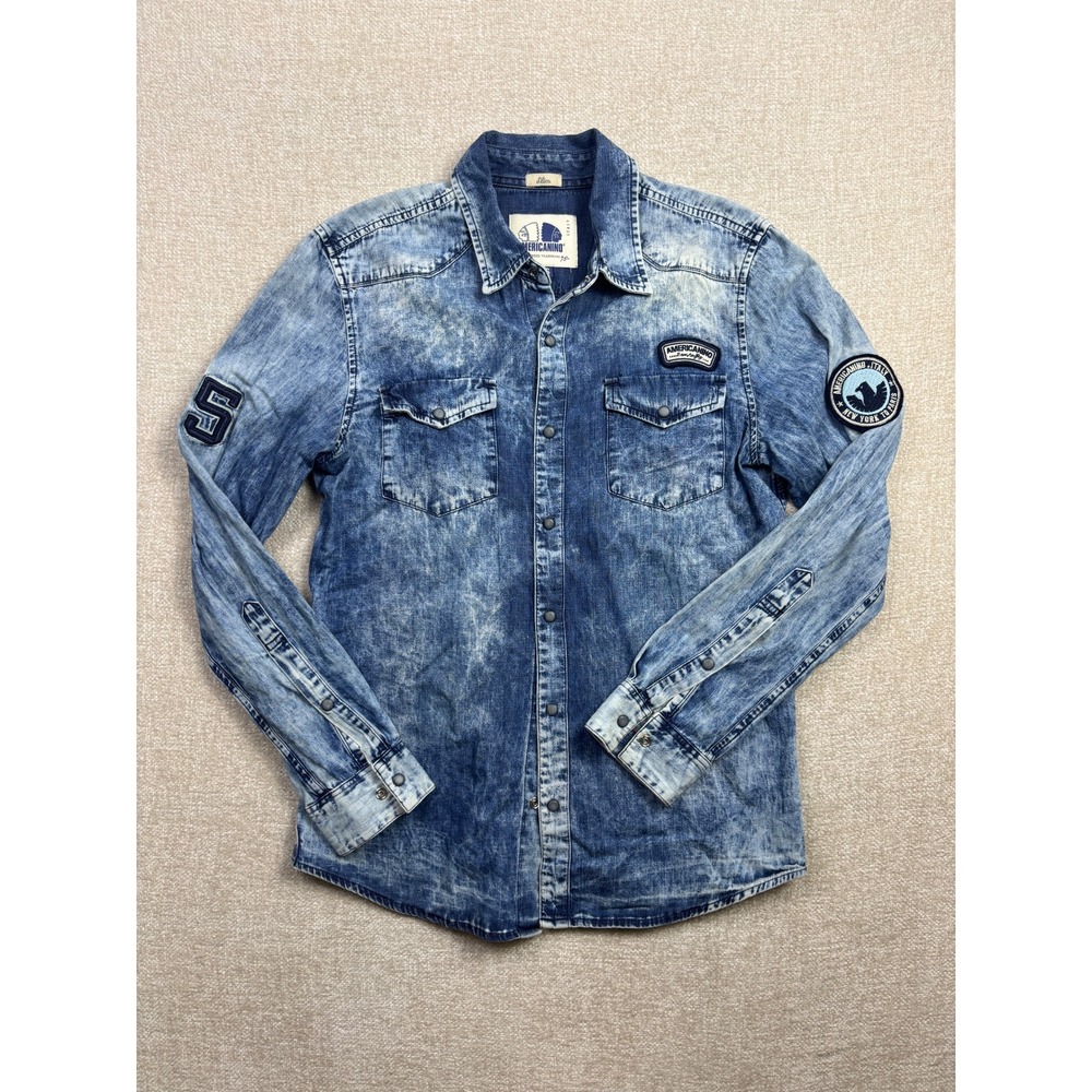 Americanino Italy Mens XS Slim Fit Acid Wash Denim Button Down Shirt Blue 2527